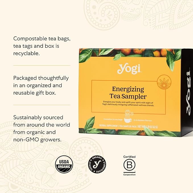 Yogi Organic Tea Energy Sampler Box - 8 Favorite Black & Green Teas (32 Tea Bags) - Assorted Delicious Wellness Teas - Contains Caffeine - Tea Gift Set & Variety Pack Sampler