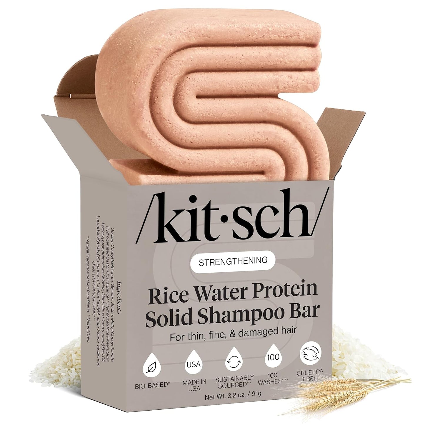 Kitsch Rice Water Shampoo Bar for Hair Growth – Strengthening Hair Shampoo for Men and Women – Reduce Breakage, Boosts Shine – Paraben, Silicone & Sulfate-Free, Vegan Hair Care - 3.2 oz