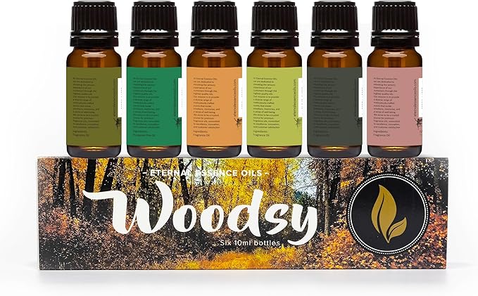 Eternal Essence Oils Woodsy Premium Fragrance Oils Set - Including Pine, Cedar Wood, Sandalwood, Bamboo & Teak, Woodland Bay and Frankincense - Rustic and Woody Scented Oils (6 Pack)