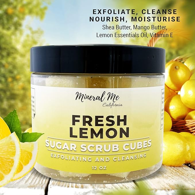 Body Scrub Exfoliator - 12oz FRESH LEMON Sugar scrub cubes w/Mango Butter & Shea butter- Ultra Hydrating & Moisturizing - Natural & Organic for all body exfoliation- For hands, arms legs, elbow & foot
