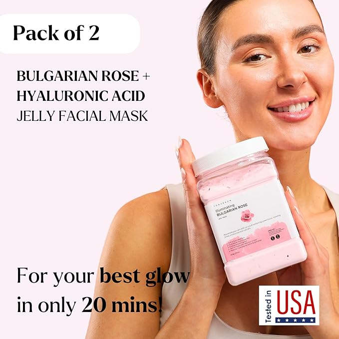 Jelly Face Mask for Facials - Rose + Hyaluronic Acid (Pack of 2) - Hydrating Glowing & Nourishing - Free Jade Roller & Spatula - Professional Hydrojelly Masks -Perfect for Vajacial - 46 Oz Jar