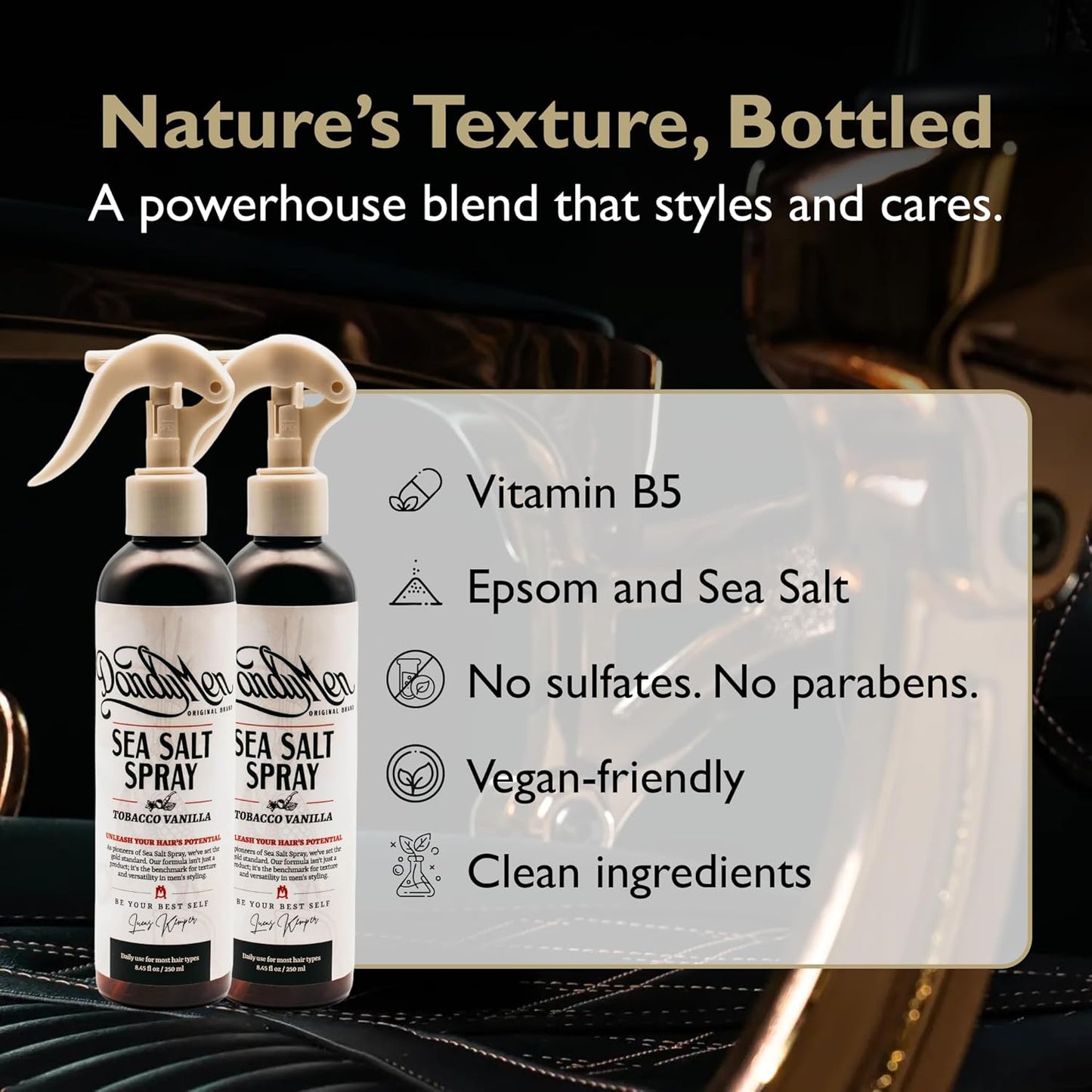 Sea Salt Spray – Lightweight Texture, Volume, and Flexible Hold with Epsom Salt & Pro-Vitamin B5 (2-pack, Tobacco Vanilla)