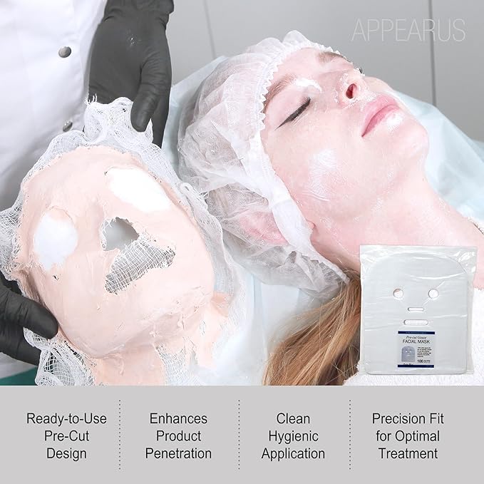 APPEARUS Pre-Cut Gauze Facial Masks – 100% Cotton, Breathable & Soft – Ideal for High Frequency, Mud, Clay, and Paraffin Treatments – Spa & Esthetician Use – 100 Count (DM101)