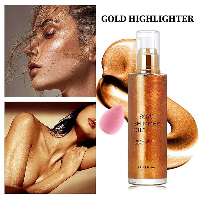 Gold Body Shimmer Oil,Moisturizing Body Oil for Body and Face Highlighter Makeup,Gold Glitter Glow,Waterproofing Long Lasting Body Luminizer Glow with Brushes and Makeup Sponge,85 ml