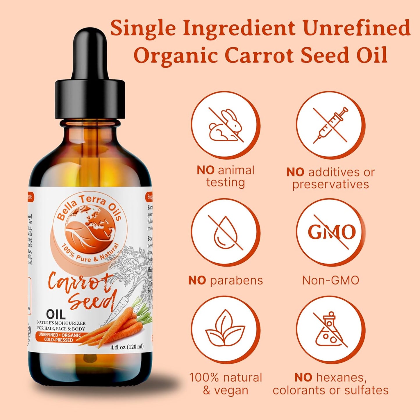Bella Terra Oils - Organic Carrot Seed Oil 4oz - Celebrate the Nutrient-Rich Legacy of Organic Carrots, High in Vitamin K & Phytosterols, For a Supple & Radiant Appearance
