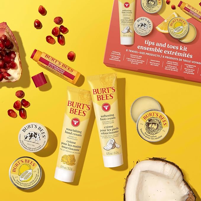 Burt's Bees Gifts Ideas, Tips and Toes Kit, 6 Travel Size Products - Pomegranate Moisturizing Lip Balm, 2 Hand Creams, Foot Cream, Cuticle Cream, and Hand Salve