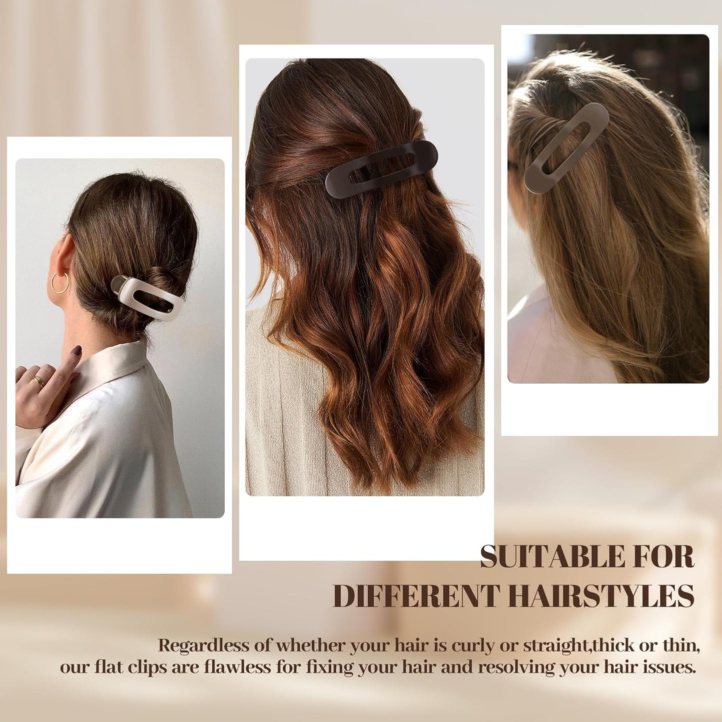 8 Pcs Large Lay Flat Claw Clips for Women French Side Slide Barrettes for Thin Fine Hair Rectangle Alligator Hair Accessories,Bright Black Brown