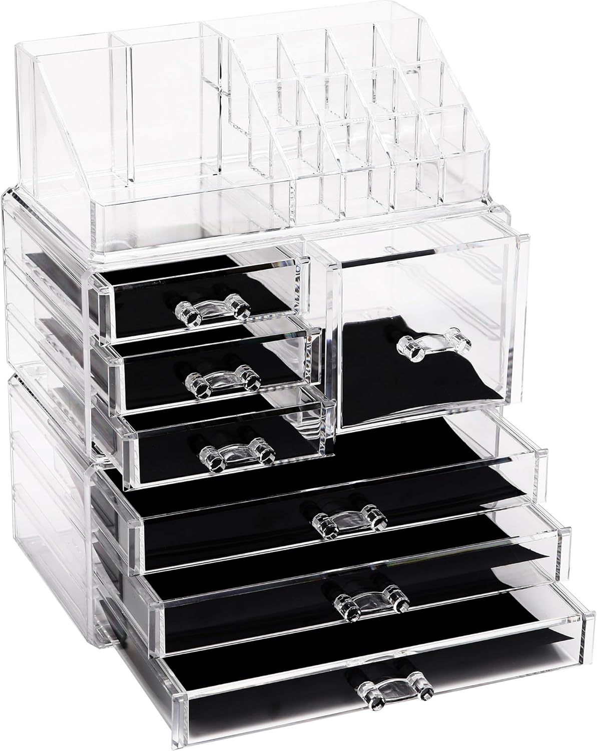 Sea Team 3-Layer Stackable Clear Makeup Organizer with Drawers, Acrylic Plastic Cosmetic Display Case, Jewelry Storage Box for Dresser, Bathroom, Vanity, Countertop (7 Drawers, 1 Lipstick Holder)