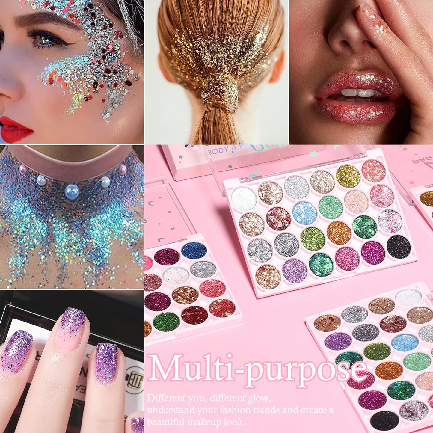 Glitter Eyeshadow Palette, 24 Colors Highly Pressed Pigmented Metallic Shimmer Sparkly Glitter Eyeshadow Makeup Pallet Palettes,Pink Blue Green Red Gold Purple Long Lasting Waterproof (24pcsA)