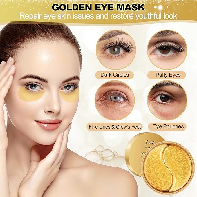 Under Eye Mask, 60 PCS Golden Gel Under Eye Patches for Dark Circles, Undereye Bags, Wrinkles Gel Under Eye Patches Gifts for Women Birthday Gifts for Women