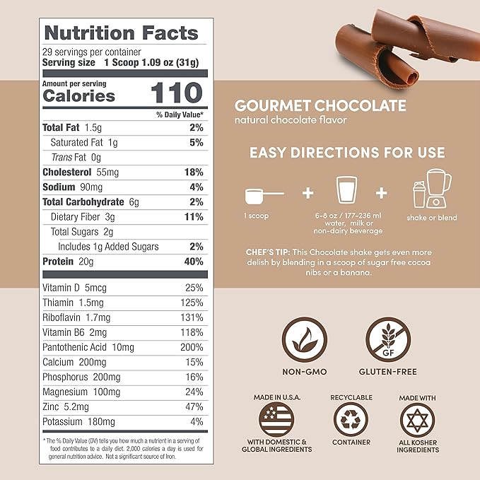 Designer Wellness, Designer Whey, Natural Whey Protein Powder with Probiotics, Fiber, and Key B-Vitamins for Energy, Gluten-Free, Gourmet Chocolate, 2 lb