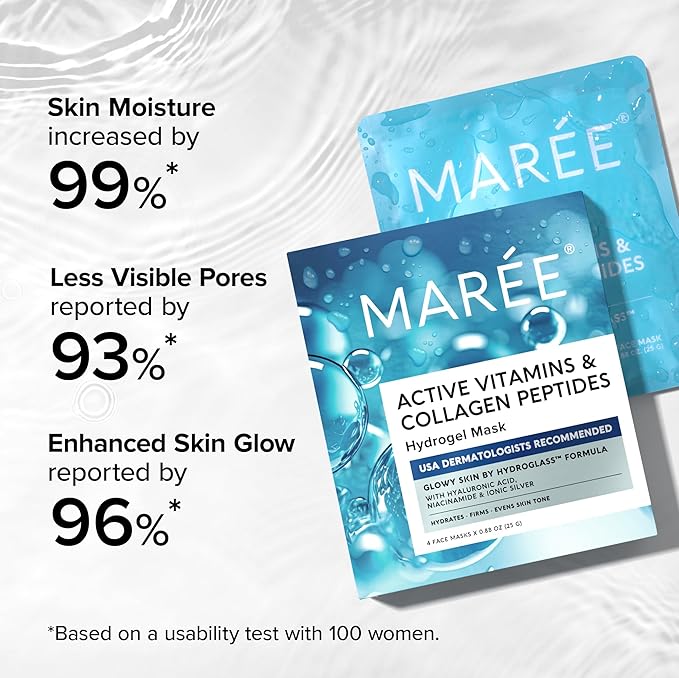 MAREE Hydrogel Collagen Face Mask with Hyaluronic Acid - Hydrating Face Masks Skincare with Niacinamid & Ionic Silver - Mascarillas Faciales For Women Skin Care | Hydrogel Mask