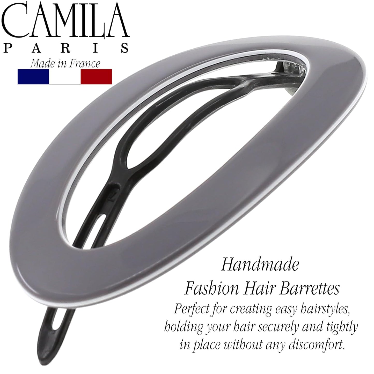 Camila Paris CP3363 French Hair Barrette Clip for Women, Handmade, Gray White, Slide-in Metal-Free Closure, Strong Hold Grip Hair Clips for Girls, No Slip Durable Hair Accessories, Made in France