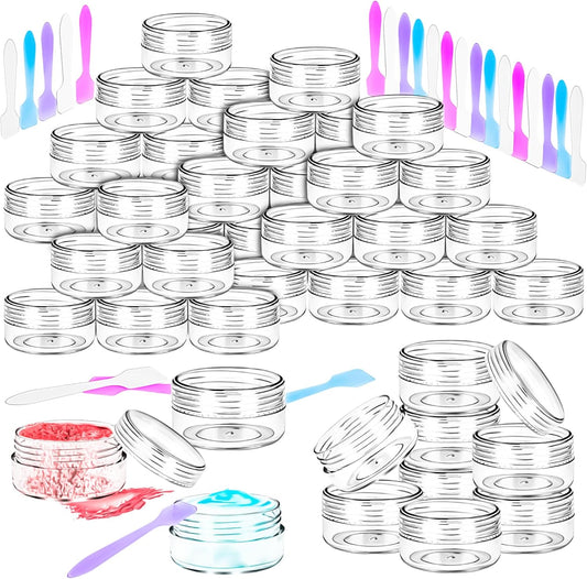 MotBach 50PCS 10g Empty Sample Containers with Clear Lids,Refillable Makeup Sample Containers, Small Sample Pot Jars Travel Makeup Containers with Mini Spatulas for Liquid Powder Creams Lotions