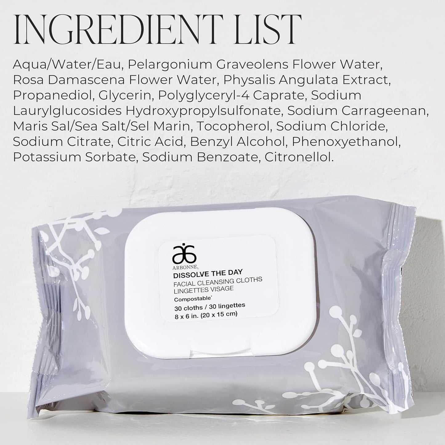 Arbonne Makeup Remover Wipes - Dissolve the Day Facial Cleansing Makeup Wipes for Women, Gentle Cleansing Towelette for Face, Removes Dirt and Sweat