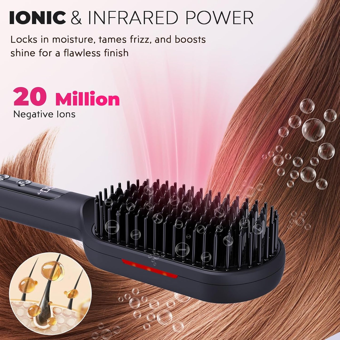 LANVIER Hair Straightener Brush, Ionic Straightening Brush with Infrared, Wide Plate Heated Smoothing Comb with Negative Ions, 32 Temps, Dual Voltage, Flat Iron Comb Styler for All Hair Type