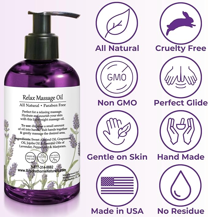 Relax Therapeutic Body Massage Oil - with Best Essential Oils for Sore Muscles & Stiffness – Lavender, Peppermint & Marjoram - All Natural - with Sweet Almond, Grapeseed & Jojoba Oil 8oz
