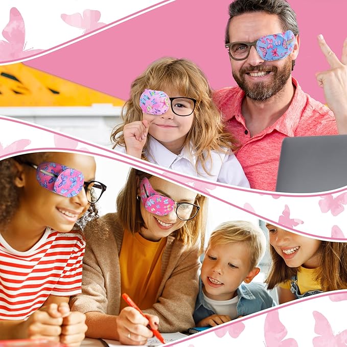 Newcotte 12 Pcs Eye Patch for Kids Toddler Reusable Adjustable Girls Boys Eyepatch for Glasses Left or Right Eye Patch, Assorted Patterns(Butterfly)