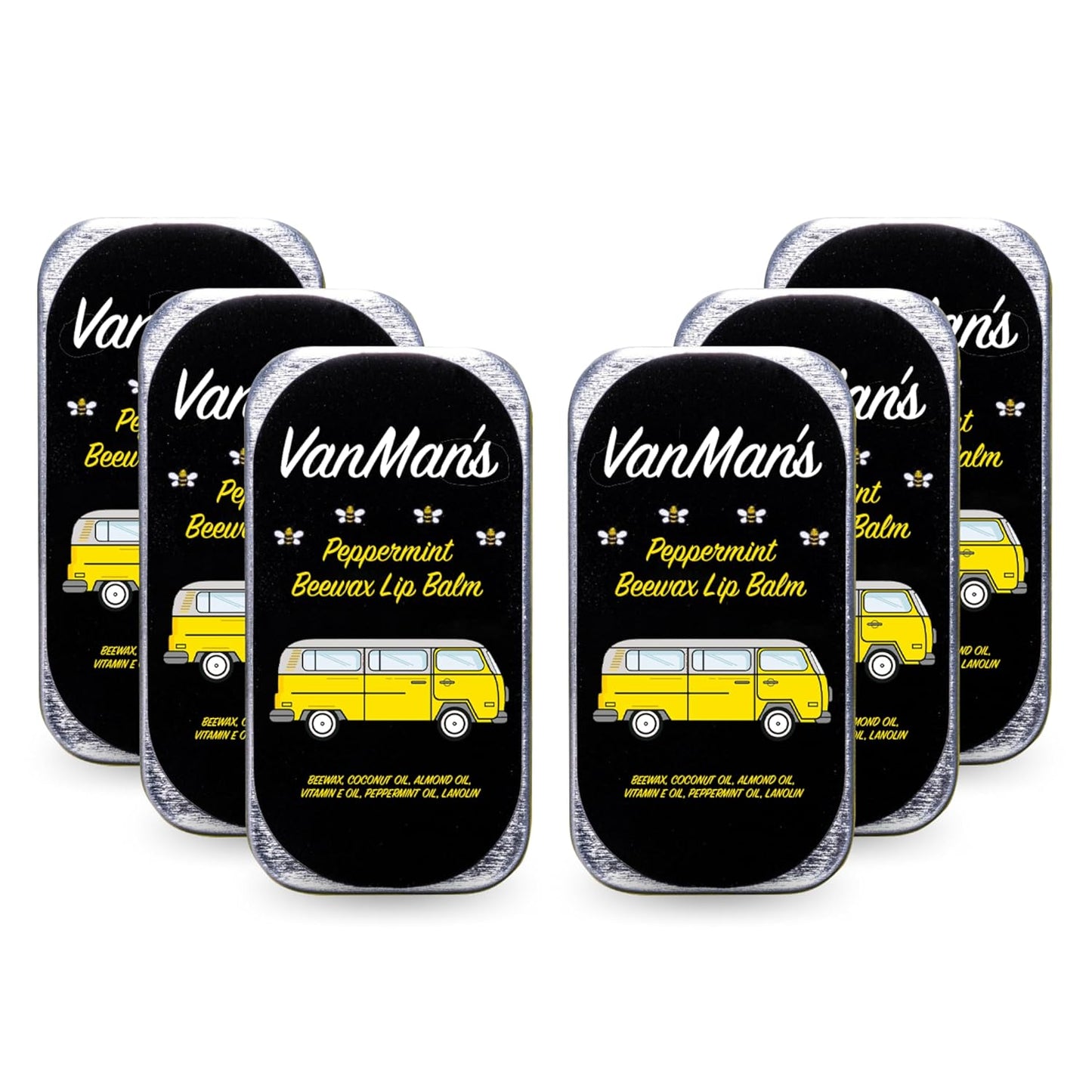 Vanman’s - Handmade Peppermint Beeswax Lip Balm (6 Pack) - Peppermints Lip Balm with Rosemary, Almond and Coconut Oil - Bee Balm with Vitamin E - Peppermint Balm Ideal for Dry Lips - 2 oz