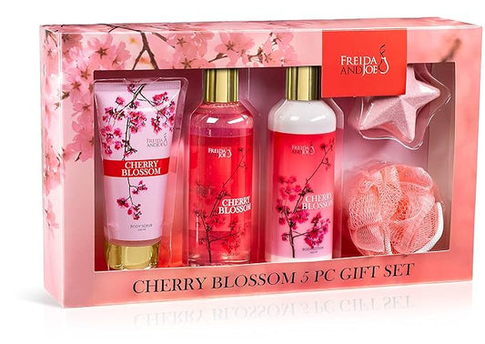 Bath and Body Gift Basket For Women – 5 Piece Set of Cherry Blossom Bath & Body Collection Gift Box, Includes Shower Gel, Body Lotion, Body Scrub, Bath Bomb & Sponge - Appreciation Gift Ideas