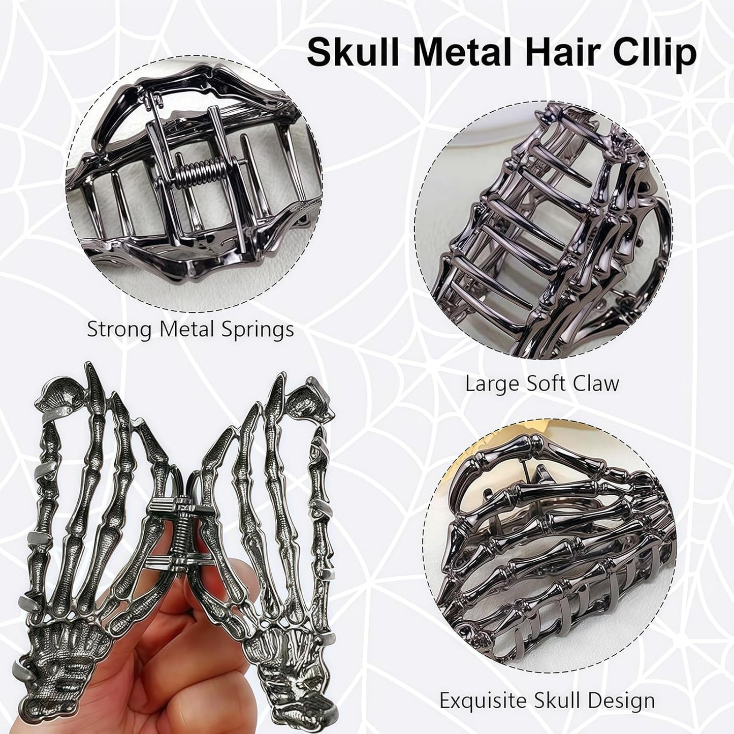 Black Skeleton Hand Hair Claw Clips-Metal Black Alloy Nonslip Terror Ghost Hand Strong Hold Hair Jaw Clips Punk Gothic Catch Thick or Thin Hairs Hair Accessories-Hand