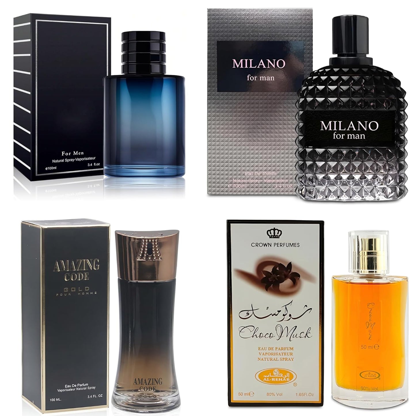 4-Piece Cologne for Men Includes Choco Musk/SE/Amazing Code Gold/Milano Scent of Woody, Spicy, Citrus & Aromatic eau de parfum Men Gift Set Each 100Ml for Daily Use