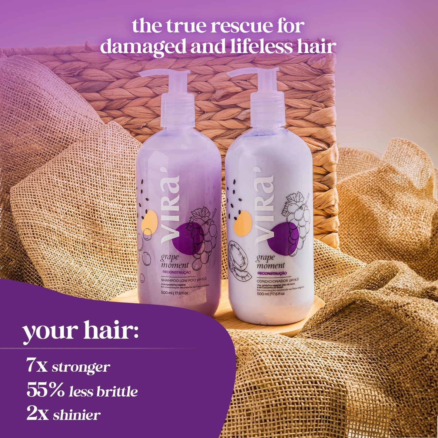 Brazilian Shampoo and Conditioner Set, Parabens Free, Damage Repair & Reconstruction, Anti-Frizz, Color Treated Hair, Triple Hydration, Grape Moment 17.6 Fl Oz Each
