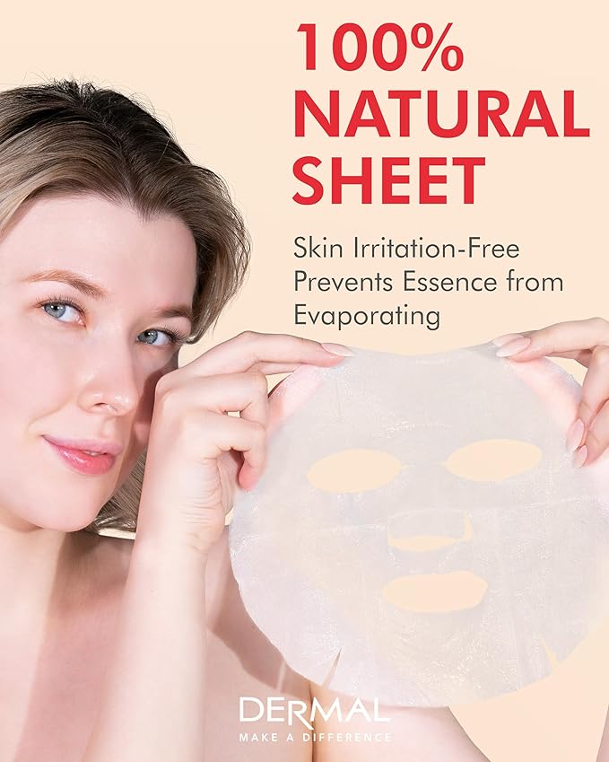 DERMAL Rose Collagen Essence Korean Facial Mask Sheet Pack of 10 - Reviving Tired Skin, Soothing & Hydrating - Hypoallergenic Skin Friendly Sheet