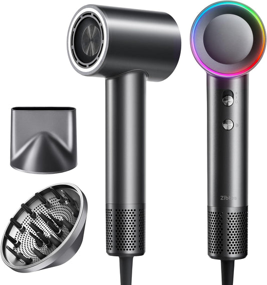 High-Speed Hair Dryer, 160,000 RPM Brushless Motor for Ultra-Fast Drying,500M Ionic Negative for Frizz Reduce, Low Noise Thermo-Control Blow Dryer with Diffuser for Curly Hair Women and Men,Grey