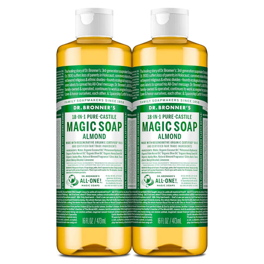 Dr. Bronner's Pure-Castile Magic Liquid Soap (Almond, 16 Ounce, 2-Pack)- Made with Regenerative Organic Certified Oils, 18-in1 Uses: Face, Hair, Hand & Body Soap, Laundry, Pets- Concentrated, Vegan