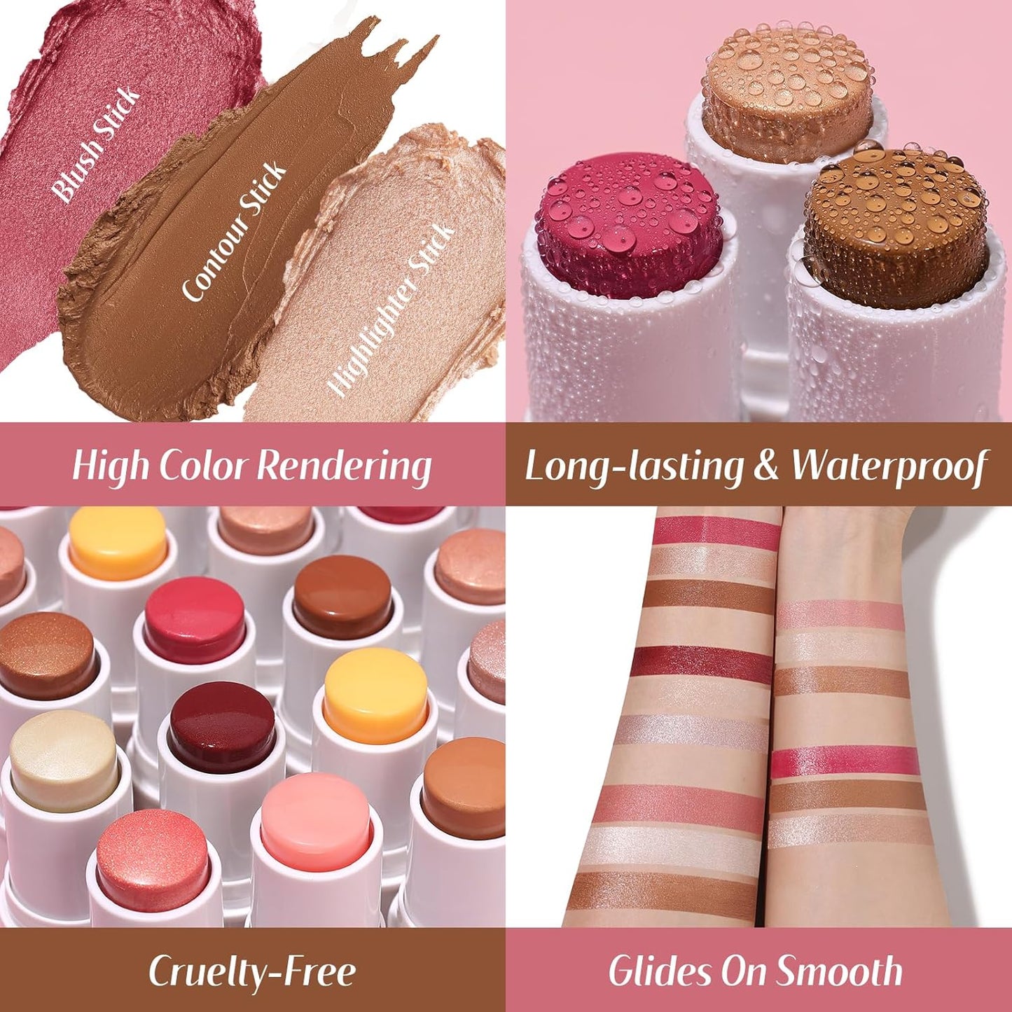 KIMUSE Face Sticks Trio, Cream Blush Stick & Highlighter Stick & Contour Stick for Sculpt the Cheeks, Long Lasting Cream Contour Stick Trio for Face Makeup, with Brush