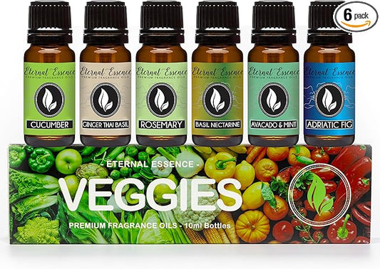 Eternal Essence Veggies Set of 6 Premium Fragrance Oils - Includes Cucumber, Avocado & Mint, Rosemary, Ginger Thai Basil, Basil Nectarine, and Adriatic Fig Scented Oils - 10ML