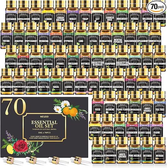 70 Pcs Essential Oil Set -100% Natural Essential Oils-Perfect for Diffuser, Humidifier, Aromatherapy, Massage,Soap, Candle Bath Bombs Making, 70 * 5ML(0.17oz)