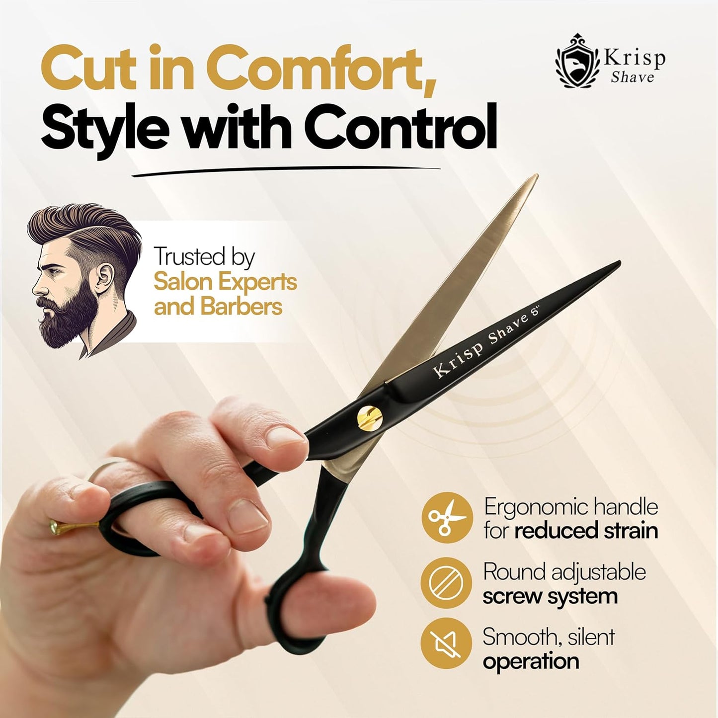 Professional Hair Cutting Scissors - Krisp Shave Stainless Steel Barber Salon Quality Scissor (6 Inch) - Shears for Men's Beard Mustache Women Kids Pets Haircut All Purpose Shear