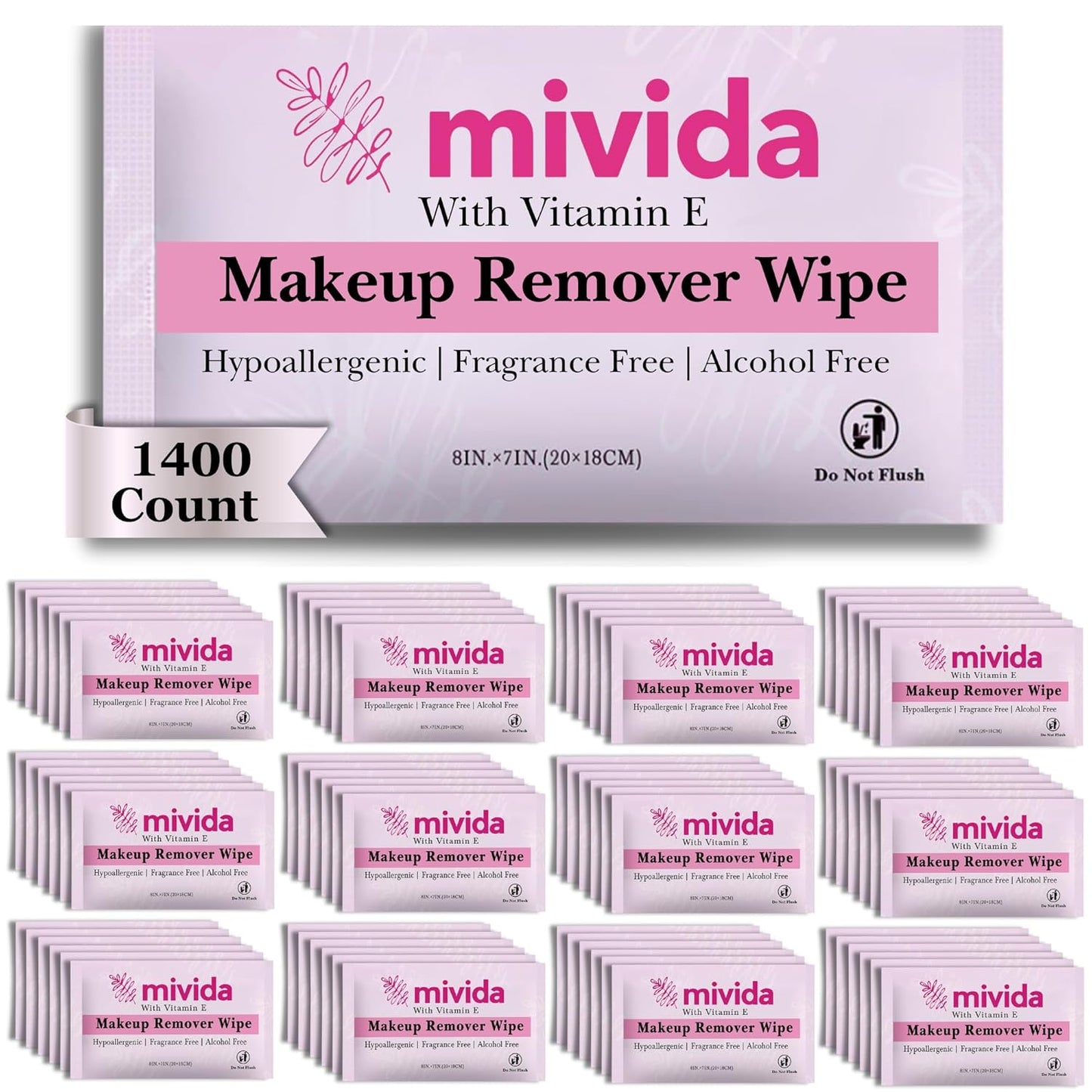 1400-Count Bulk Individually Wrapped Makeup Remover Wipes | Hypoallergenic, Fragrance-Free, Alcohol-Free with Vitamin E | Travel Essentials, Makeup Remover Wipes for Hotels, Airbnb
