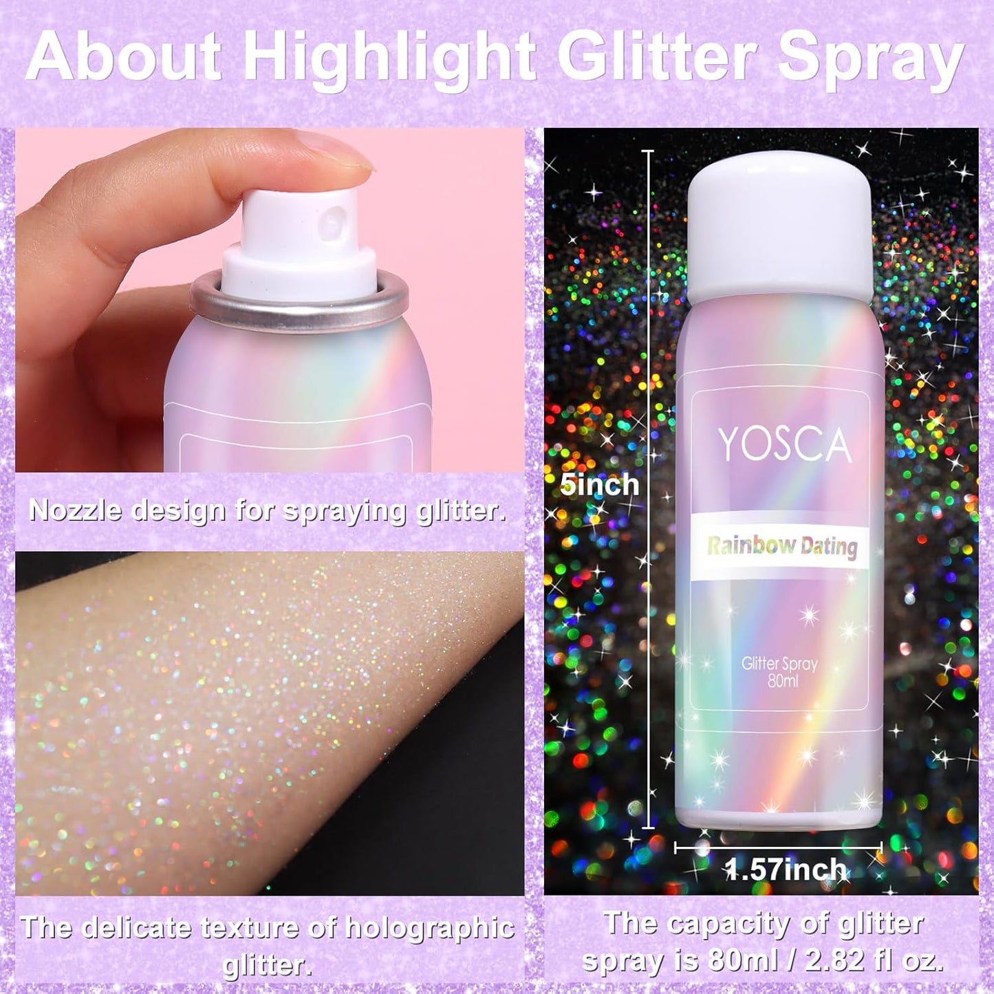Yosca Body Glitter Spray, 80ML Holographic Silver Glitter Hairspray, Quick-Drying and Long-Lasting Shiny Glitter Spray for Body Hair Sparkling Makeup Festival Concert Party Clothes Rave Accessories