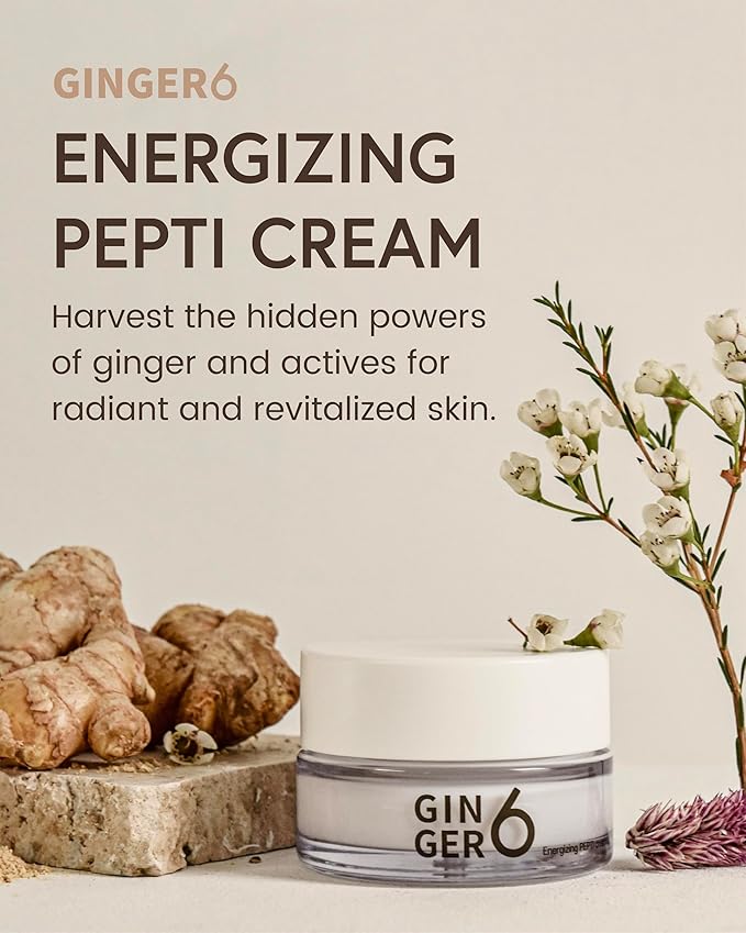 Ginger 6 Energizing PEPTI Cream for Face, 1.69fl. oz. – Anti-Aging and Hydrating Collagen-Boosting Formula with 52% Ginger Water, Niacinamide, and Adenosine, Overnight Korean Skincare