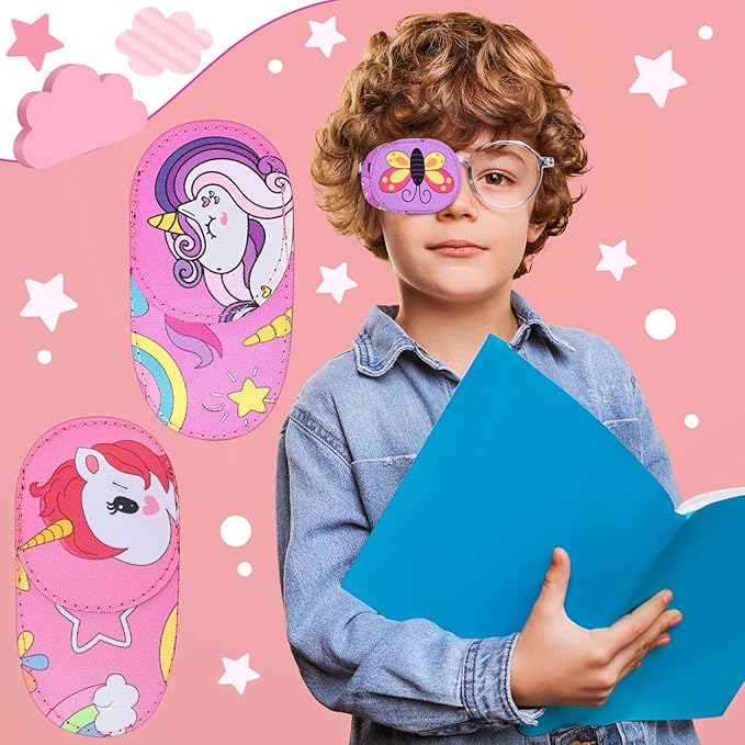Newcotte 12 Pcs Eye Patch for Kids Toddler Reusable Adjustable Girls Boys Eyepatch for Glasses Left or Right Eye Patch, Assorted Patterns(Cute)