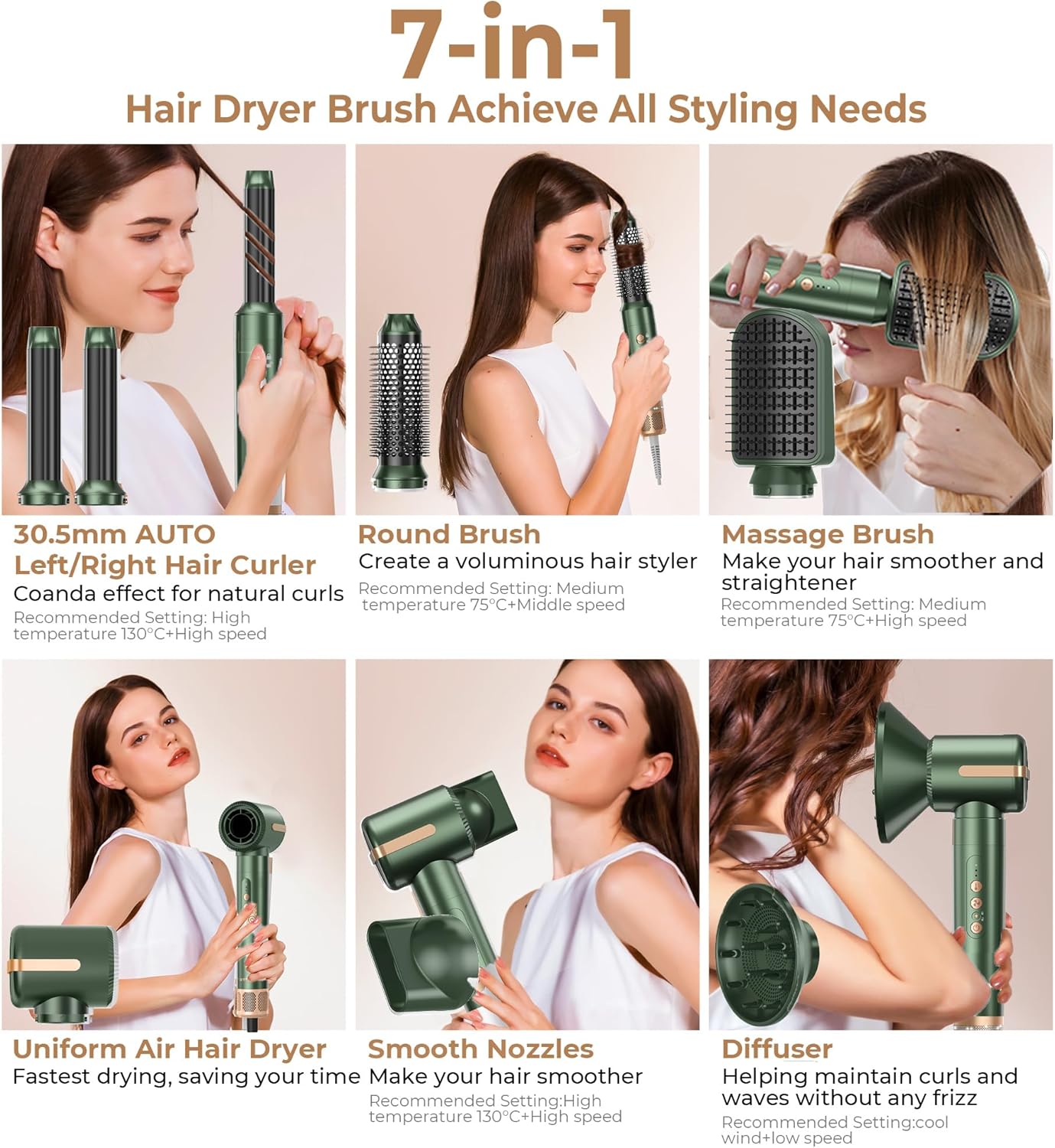 7 in ONE Hair Dryer Brush, Powerful Blow Dryer Brush with Air Curler for Hair, Brush Blow Dryer with Diffuser, Ionic Hot Air Brush Fast Dry, Volumize, Curls, Straight, Hair Styling Tools 100-120V