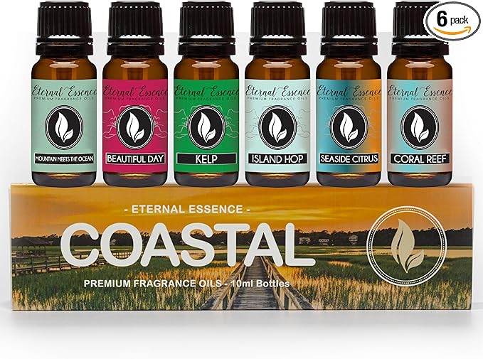 Eternal Essence Oils Coastal Set of 6 Premium Fragrance Oils - Includes Mountain Meets Ocean, Seaside Citrus, Island Hop, Kelp, Beautiful Day, and Coral Reef Scented Oils - 10ML