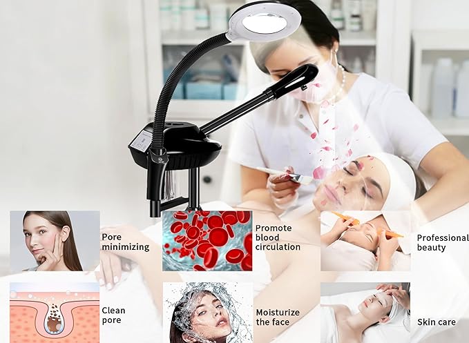 Facial Steamer Professional, 2 in 1 Ozone Facial Steamer on Wheels, with 5X Magnifying Lamp, Facial Steamer with Time Setting, Stand Facial Steamer Adjustable Height for Spa, Salon and at Home use