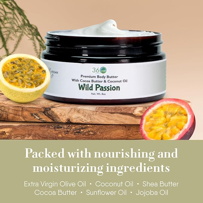 360Feel Wild Passion Body Butter - Nourishing and Hydrating Shea Body Butter with a Gentle Formula - Handmade with Essential Oils - Creamy Formula for Daily Use - Zero Harsh Additives - 8 Ounce