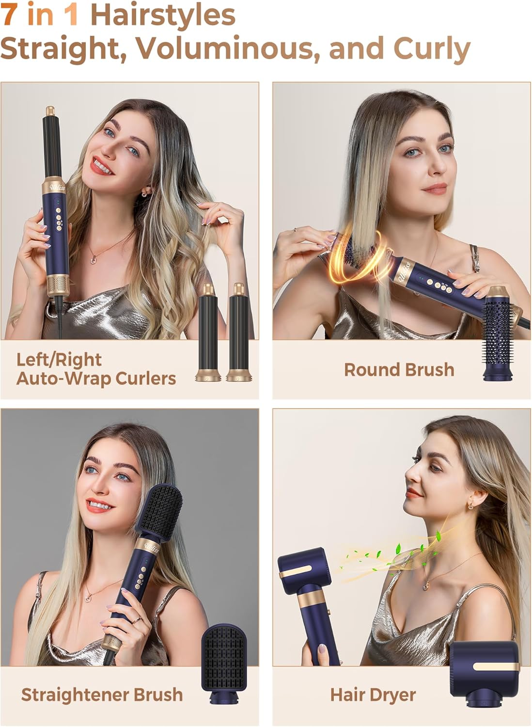 UKLISS Hair Dryer Brush 7 in 1，110000 RPM Hair Dryer with Diffuser for Curly & Twisted Hair Professional Ionic Brush Blow Dryer for Salon-Quality Styling (Blue Gold)