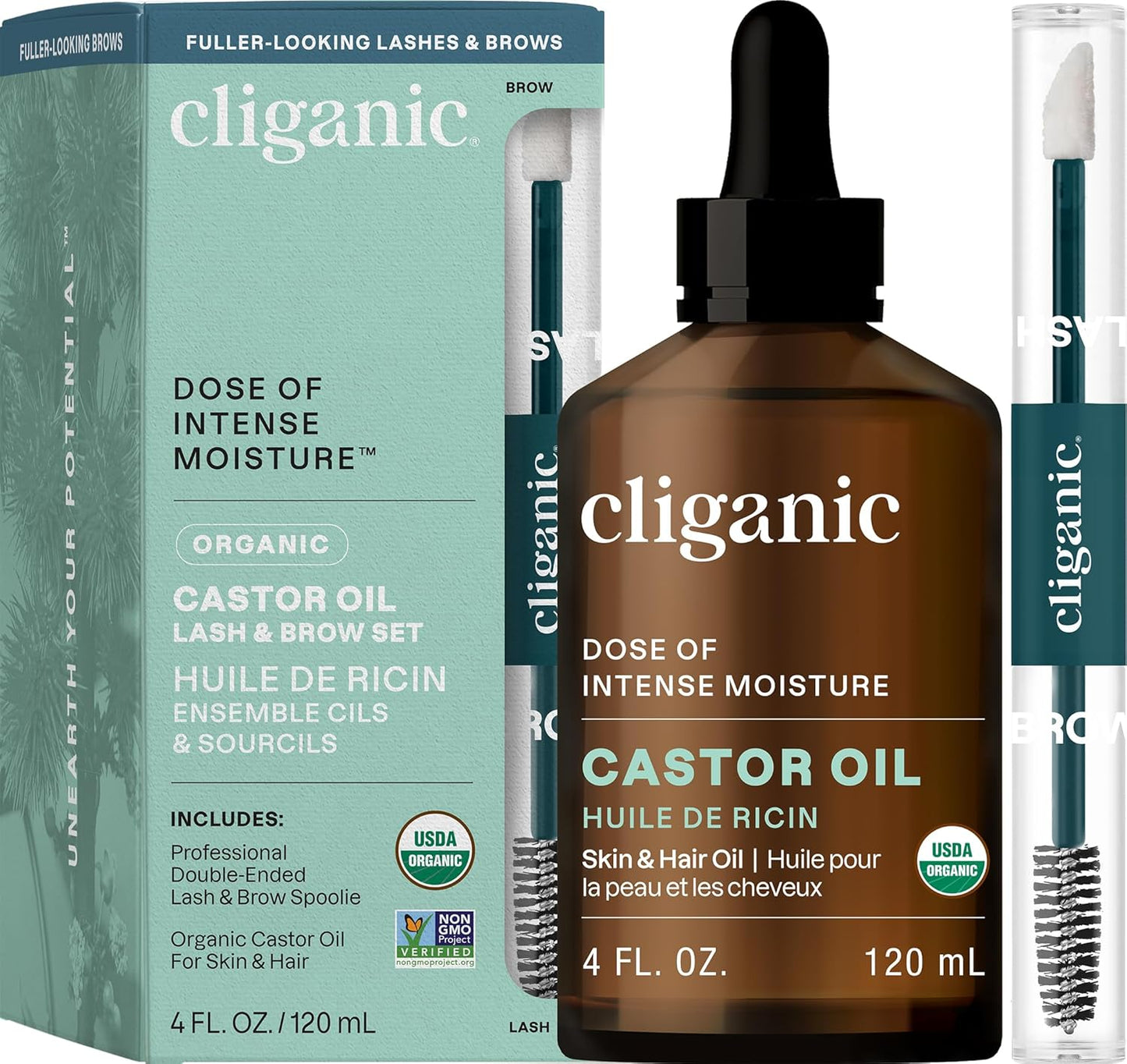 Cliganic Organic Castor Oil, 100% Pure (4oz Glass Bottle with Eyelash Kit) - For Eyelashes, Eyebrows, Hair & Skin (Packaging May Vary)