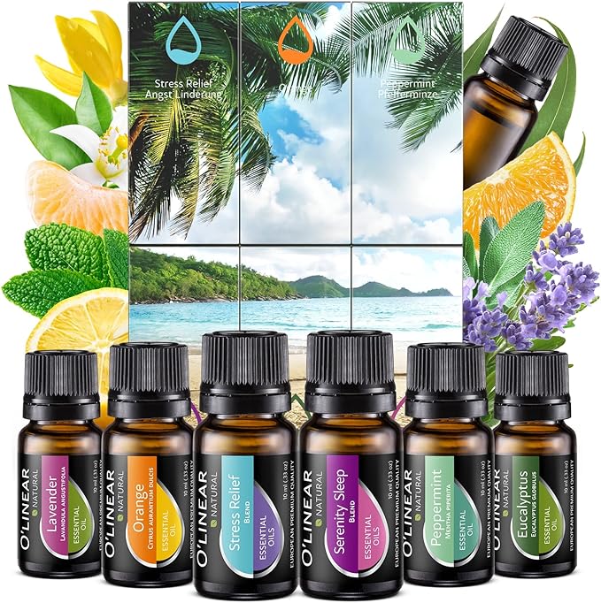 Essential Oils Set - 4 Oils & 2 Blends, Top 6 Essential Oils for Diffusers for Home, Relief, Serenity Dream Oil Blend Aromatherapy, Peppermint, Orange, Lavender, Eucalyptus Essential Oils