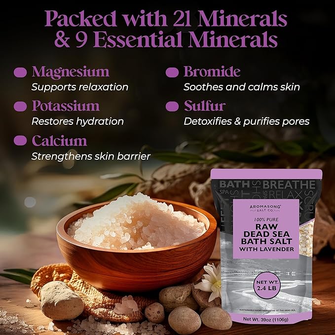 Aromasong RAW Dead Sea Salt with 100% Natural Lavender, 5 Lb, Not Cleaned, Still Contains All Dead Sea Minerals Including Dead Sea Mud, Fine Medium Grain Large Resealable Pack. (Packaging May Vary)
