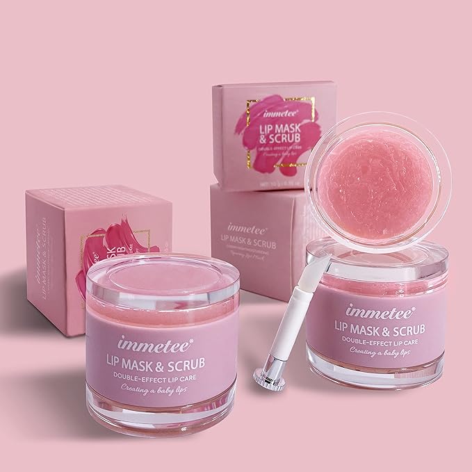 immetee Lip Scrubs Exfoliator & Moisturizer, Lip Mask 2 in 1 Double Effectively Repairs Dry Cracked Lips, Lip Scrubs Exfoliator Dead Skin Moisturizer, Lip Mask Overnight (0.35Oz+Brush)