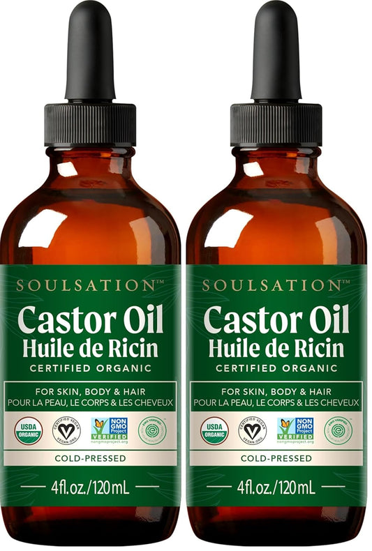 Organic Castor Oil 100% Pure (4oz) - For Eyelashes, Eyebrows, Face, Hair & Skin - Cold Pressed Unrefined Glass Bottle (Pack of 2)