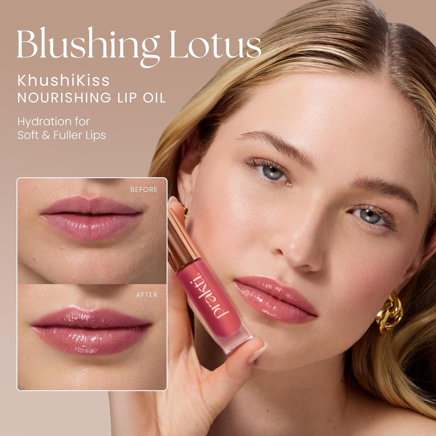 Prakti KhushiKiss Nourishing Lip Oil in Blushing Lotus, Hydrates & Plumps Lips, High-Shine Finish, with Hyaluronic Acid & Peptides, 0.17 oz