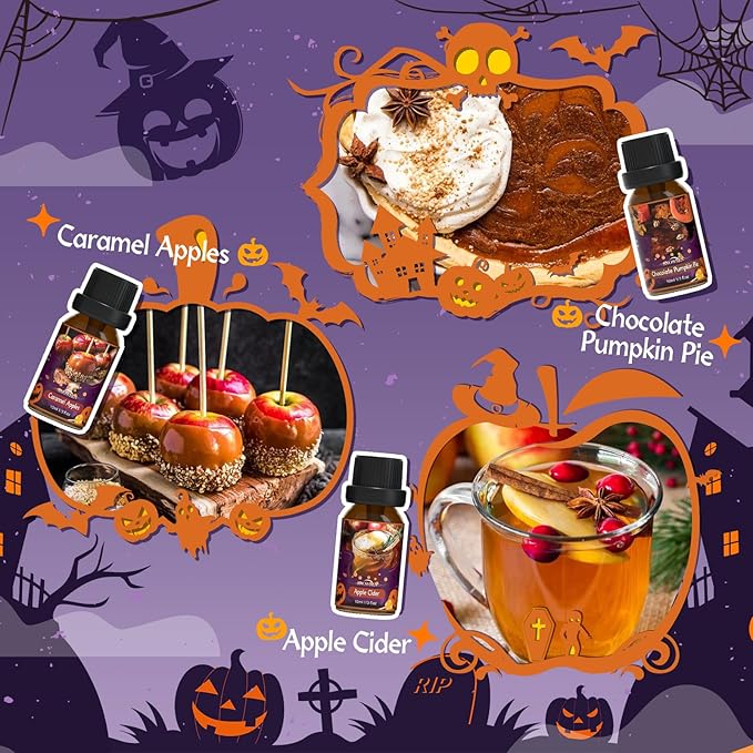 Halloween Fragrance Oil Set, Scented Oils for Diffuser, Candle & Soap Making - Chocolate Pumpkin Pie, Caramel Apples, Candy Corn, Apple Cider, Caramel Corn,Snickerdoodle, 6x10ml